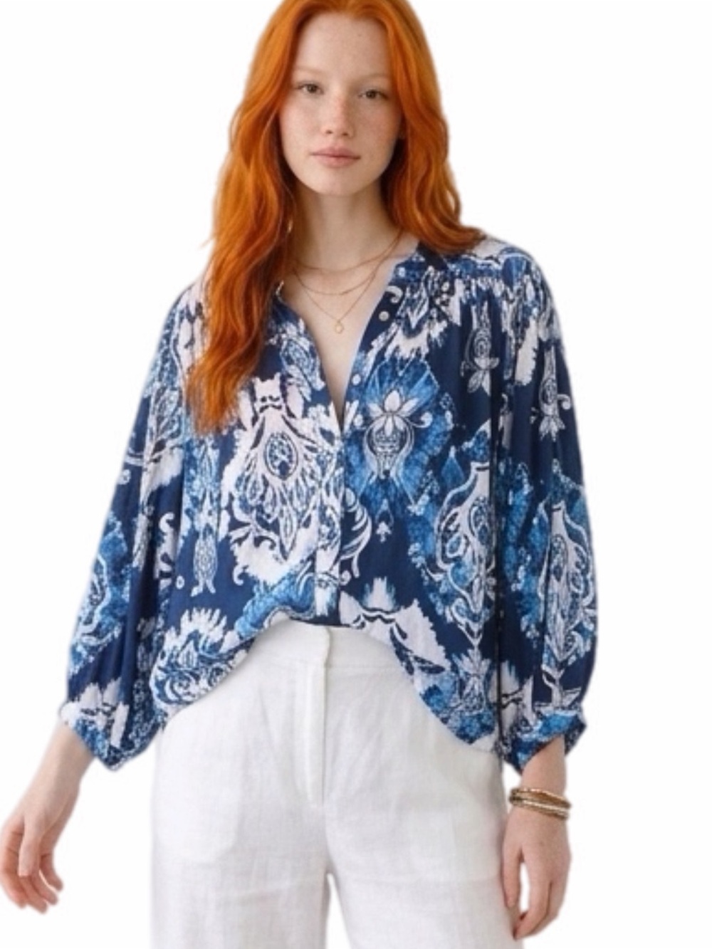 HAUTE HIPPIE shades of blue and white abstract Boho button down blouse Medium